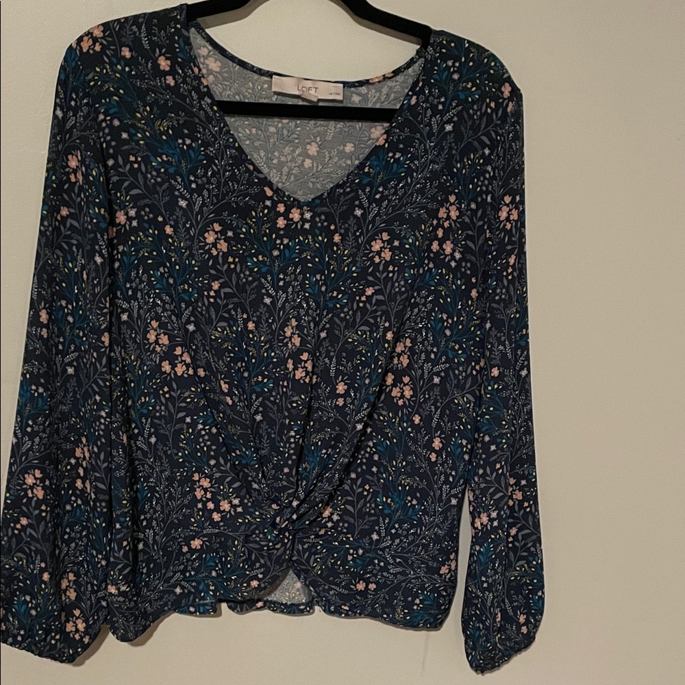 LOFT Dark Blue Floral Blouse with Twist Detail